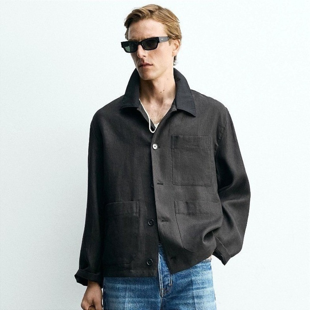 Zara Relaxed Fit Linen Cotton Overshirt Chorecoat Men Medium Black Long Sleeve